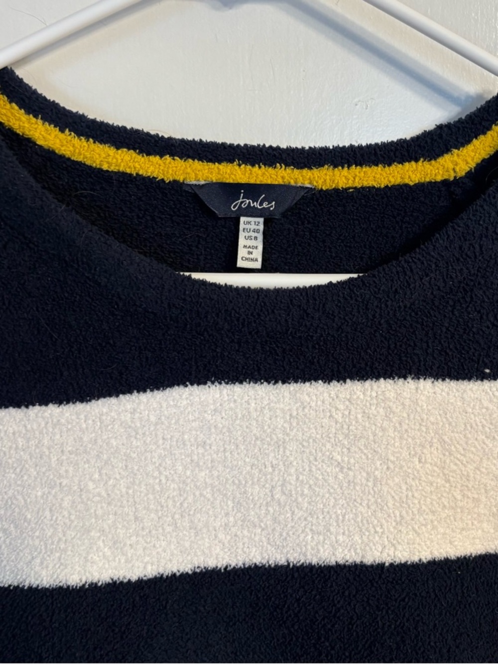 Joules Navy & White Wide-Stripe Crew Sweater with Rainbow Cuffs